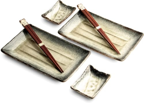 WESTCRAFT JAPAN ORIENTAL SUSHI TELLER SET | Sushi Geschirr Set | 6-teiliges Sushi-Set für 2 Personen | Sushi-Teller, Schalen und Essstäbchen in verschiedenen Asia Designs - Made in Japan (Satori)