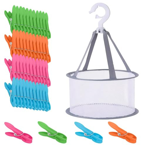 Multicolores Pince à Linge Plastique avec Panier,48 pcs | Heavy Duty Pinces a Linge Antiglissantes,Clips en Plastique Stables,Épingles résistant et Anti-Vent pour Chaussettes