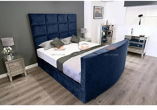 ark future Lurvi Plush Velvet TV Bed Frame with Hidden Lift-Up Storage – Modern Upholstered Smart Bed with Remote-Control TV Mechanism (Blue, 4ft6 Double)