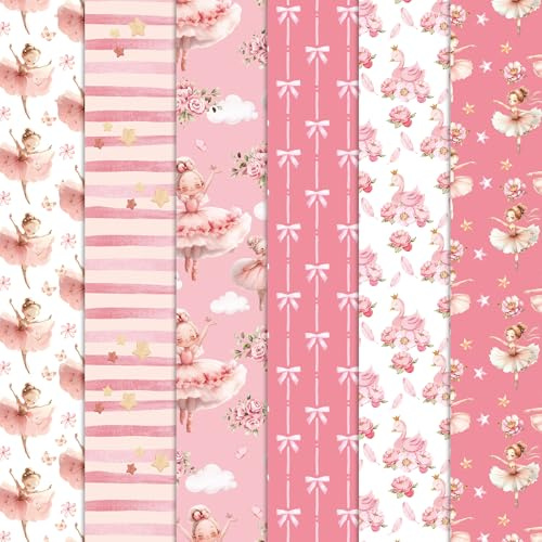 Whaline 6Pcs Ballerina Cotton Fabric Bundles Pink Dancing Girl Fat Quarters Ballet Dance Quilting Patchwork for DIY Sewing Craft Decor, 18 x 22 Inch