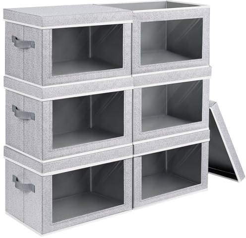 Large Fabric Storage Boxes with Lids - 36L Ant Grey Dustproof Clear Window | 6 Pack Foldable Wardrobe Organiser with Handles, Stackable Smart Spaces Saving Containers for Clothes, Toy, Book, Sheet, Tool