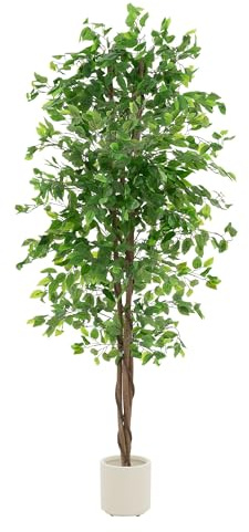ML-Design Kunstpflanze Ficus 210 cm, Künstliche Pflanzen groß wie echt, Fake Zimmerpflanze mit Naturholzstamm im Topf, Deko Plastikpflanzen Innen/Außen, Pflegeleichter Kunstbaum für Wohnzimmer & Büro