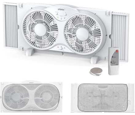 shinic 9 Twin Window Fan, 2026 Upgraded, Reversible Airflow with Remote | 3-Speed Window Fan with Exhaust/Intake/Circulate, Expandable Panels 23.5-37 for Home Kitchen use,Bug Screen, Dust Cover