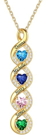 Custom4U Personalisierte Kette mit 1/2/3/4/5 Namen - Herz Anhänger Geburtsstein Kette für Mama Namenskette Silber/Gold Schmuck Geschenk für Muttertag Valentinstag