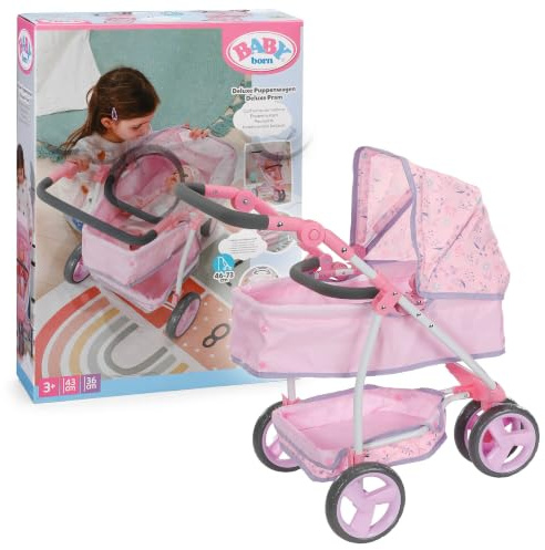 BABY born Deluxe Puppenwagen Flowers – Verstellbarer Puppenbuggy mit Verdeck, Liegefunktion & Korb für 36 cm & 43 cm Puppen