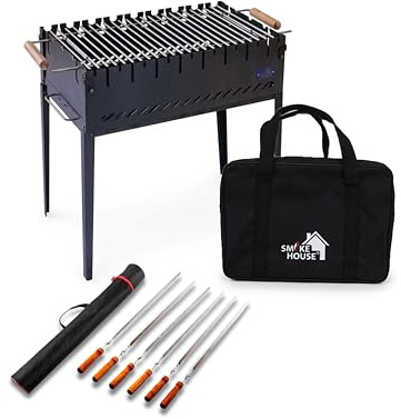 Klappbarer Grill Mangal für 8 Spieße mit Grillrost, Transporttasche & 6 Edelstahl-Spießen – 2 mm Stahl, tragbarer Holzkohlegrill