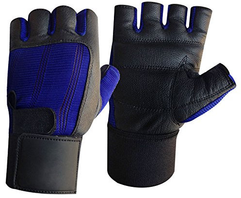 Prime Hohe Qualität Power Lifting Leder Voll Gepolstert Gewichthebe-Handschuhe Schwarz mit Lang Handgelenksbandage Übung Fitness Stärken Heim Gym - Schwarz, L
