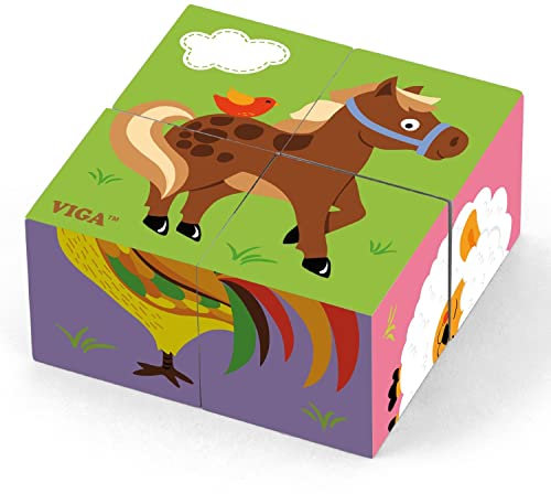 VIGA- Animali Toys-Cube Puzzle-Farm Animals-4 Pieces, Multicolore, 90 x 90 x 45mm, 50835