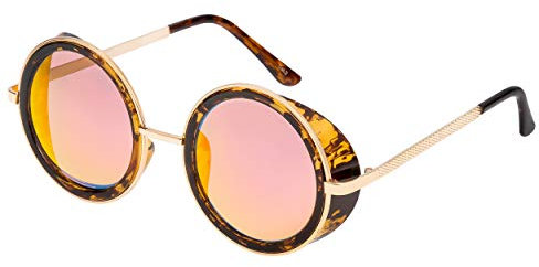 Ultra Steampunk Sunglasses Havana with Red Multi Mirror Lens Coating 50s Round Glasses with UV400 Protection Available in Havana Style with Red Multi Mirror Coating Coloured lenses Cyber Goggles Rave Goth Vintage