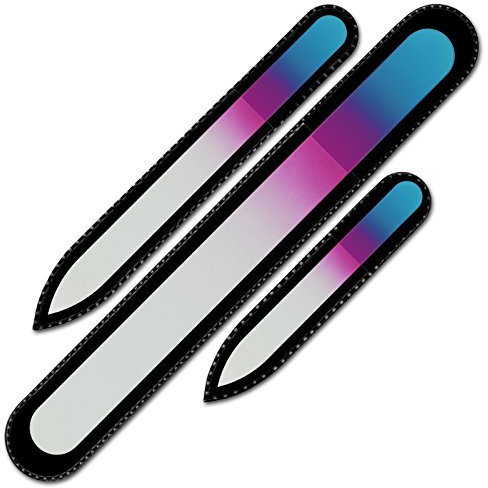 Mont Bleu Conjunto de 3 limas de uñas de cristal de color en estuche de terciopelo negro, vidrio templado checo auténtico, Garantía de por vida | Fabricado a mano en la República Checa