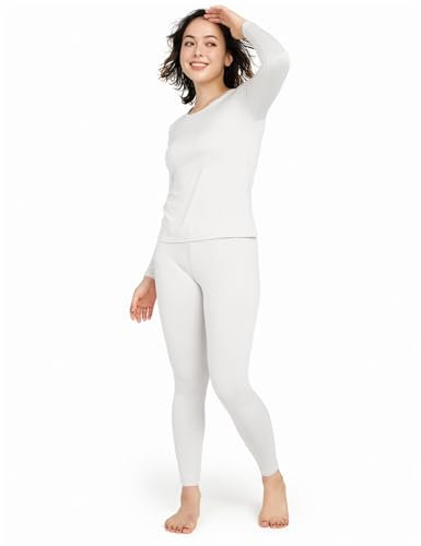 LAPASA Damen Innenfleece Thermounterwäsche Set, Thermooberteil & Thermohose Leggings Funktionsunterwäsche Sets, L41 Weiß, 200 Wärmer, M