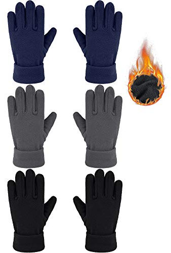 SATINIOR 3 Paar Kinder Winter Fleece Handschuhe Weiche Warme Vollfingerhandschuhe für Jungen und Mädchen (Schwarz, Grau, Marineblau, 8-12 Jahre alt)