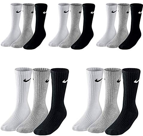 NIKE 15 Paar Herren Damen Socken Set Tennissocken Sportsocken Laufsocken Paket Bundle SX4508 Weiß Schwarz Grau, Sockengröße:42-46, Farbe:weiß grau schwarz