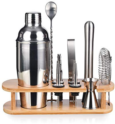 Esmula - Juego de cóctel de 12 Piezas, 750 ml, Juego de Barman Profesional con Elegante Soporte de bambú, Juego de Herramientas de Barra de Acero Inoxidable para Bebidas Mixtas