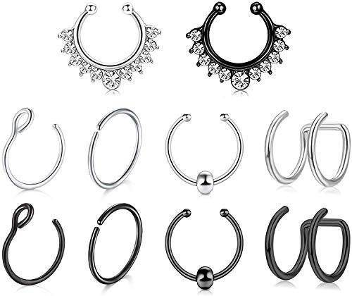 Rajnard Faux Anneau de Septum piercing nez 10 pcs Anneau Non Percé Clip Petit Helix Tragus d'oreilles anneaux lune Faux Bijoux de Piercing de corps pour Femmes Hommes