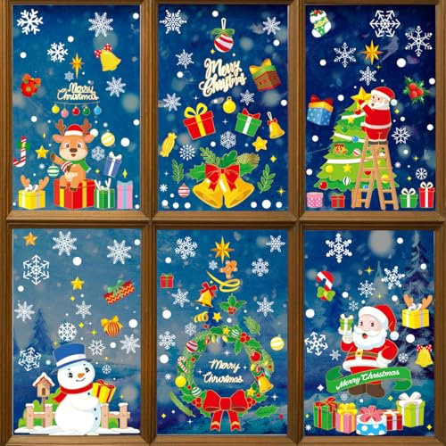 Chileeany 300+PCS Vetrofanie Natalizie, Natale Adesivi Finestre, Adesivi Natale per Porta, Sticker Babbo Natale Fiocco di Neve, Rimovibile Adesivi Statico Fai da Te Finestra