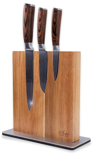 Wakoli EDIB 3-teiliges Damastmesser-Set mit magnetischem Messerblock – 8,5–17 cm Klingen aus 67 Lagen Damaststahl mit VG10-Kern & Pakkaholzgriff | Küchenmesserset mit Akazienholz Messerblock