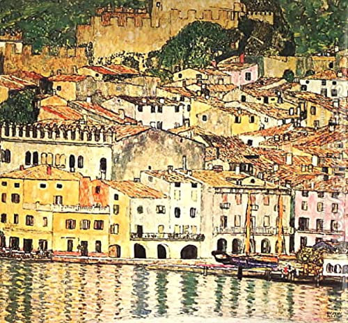 Zhyaunz DIY 5D Diamond Painting by Number Kits Landschaft am Gardasee Gustav Klimt Kreuzstich Stickerei Strass Bild Kunst Handwerk Wanddekoration 40x50cm