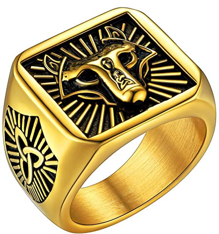 FaithHeart gold Herren Fingerring mit Wolfkopf Symbol Viking Wolfkopf Siegelring Ring Schmuck für Weihnachten Valentinstag