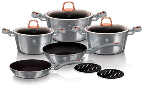 Berlinger Haus Moonlight Kochgeschirr, Induktion, 10 Stück, antihaftbeschichtet, Titan ohne PFOA, Aluminium, Set 3 Töpfe, 2 Tischdecken, Glaskeramik, Grau