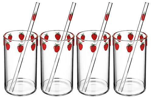 Kichvoe 4 Ensembles Verre De Fraise Gobelet à La Fraise Tasse à Bec En Paille Anti-éclaboussures Verres à Latte Tasse En Verre Créative Coeur De Fille Verre à Cocktail Étudiant Un Verre