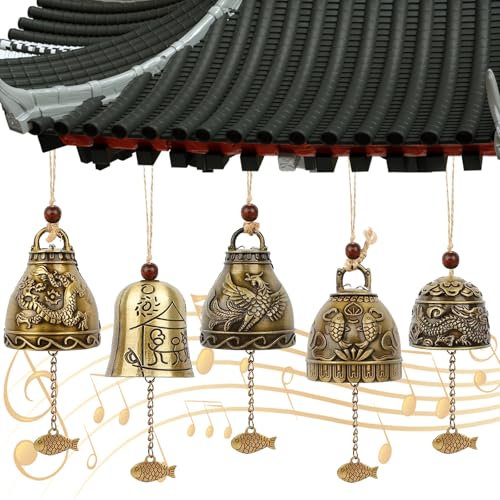 YOUNGSAY 5 STK Feng Shui Glocken, Glücklich Windspiel Glocke aus Metall, Vintage Windspiel Buddhistisch, Drache und Phönix Segen Feng Shui Chimes für Familie und Gärten (5 Stile)