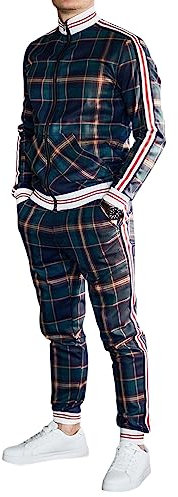 Oanviso Freizeitan-Set Herren Langarm Kariertes Trainingsanzug Sportanzug mit Reißverschluss und Tasche Jogginganzug Slim Fit Männer Sweatjacke Trainingshose Karierter Zweiteiliger Sets D05 XL