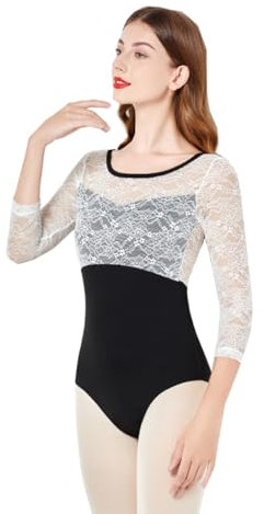 ModLatBal Damen Spitze Langarm Trikot für Ballett Tanz, Schwarz/Weiß Spitze, XL