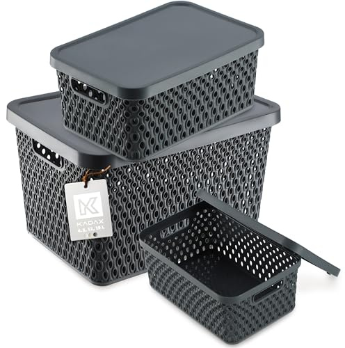 KADAX Aufbewahrungskorb, Korb mit Deckel, Aufbewahrungskiste, Aufbewahrungsbox aus Plastik, Moderner Regalkorb, Behälter mit Lüftungslöchern (3er SET: 4,5L,12L,18L, Grau)