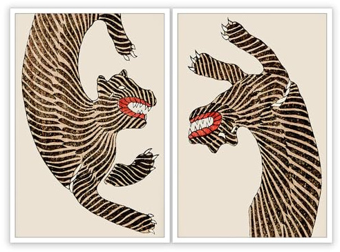 Rubeoxn Retro-Tiger-Poster, Set mit 2 japanischen Tiger-Drucken, Gemälde, japanischer Stil, Tier-Leinwand, Wandkunst, orientalische Heimdekoration, minimalistisch, Raumästhetik, 30,5 x 40,6 cm,
