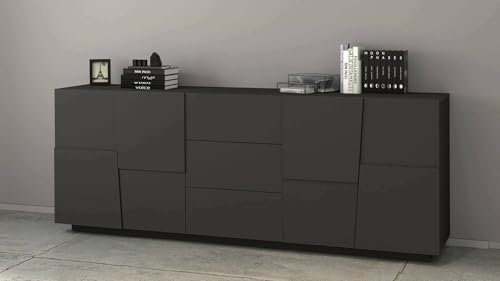 Dmora - Buffet Yoel, Buffet de Salon avec 4 Portes et 3 tiroirs, 220x44h86 cm, Anthracite