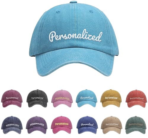 GELLEDI Personalisierbare Baseballkappe mit Namen, Vintage, gewaschen, unstrukturiert, 100% Baumwolle, verstellbare Baseballkappe, Papa-Cap, Seeblau, 57 EU