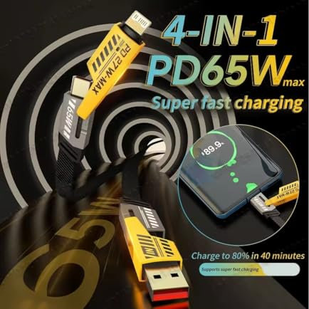 Charging cable, 4 in 1 zinc alloy charging cable for USB/Type C to Type C or IPhone connection.