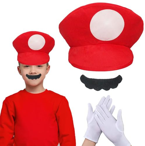 Gorra de Mario, Mario Bros Gorra, Disfraz Accesorios de Super Bros Cosplay, Accesorios Mario Classic, Disfraz Mario Y Luigi Bros para Adulto y Niños Fiestas de Carnaval Navidad Halloween