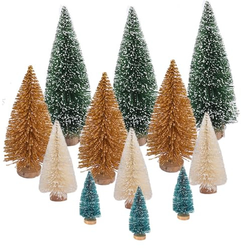 VNNOPG 12Pcs Miniature Snow Frosted Sisal Trees - Tabletop Christmas Tree Decoration With Wooden Base for DIY Projects