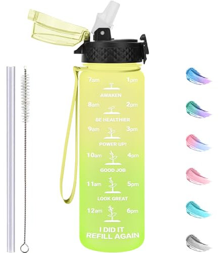 GOPPUS Bouteilles d'eau de 500 ml en Tritan avec paille pour enfants avec couvercle à rabat - Sans BPA - Avec sangle - Réutilisables - Marquages de temps - Étanche