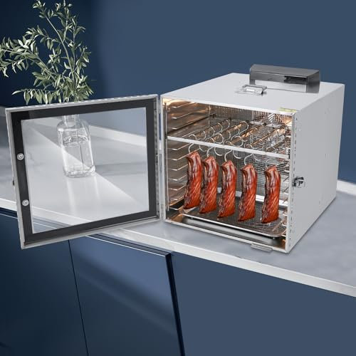 Essiccatore automatico in acciaio inox, 1000 W, 42,5 l, con 20 ganci, regolatore di temperatura da 30 a 90 °C, funzione timer per bistecche di struzzo, bistecche di manzo, salsicce, carne essiccata e