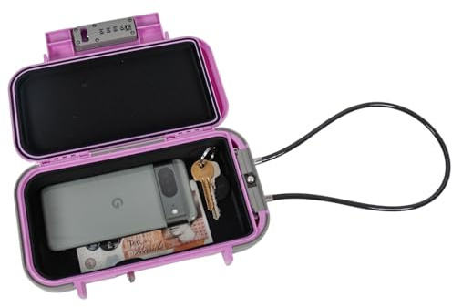 ABS Sports Security Box with Combination Lock & Cable - Strong Durable Waterproof Lockable Portable Travel Safe for Valuable Items, Phone, Keys, Wallet, Money – Measures H6 x W24 x D14cm, Lilac