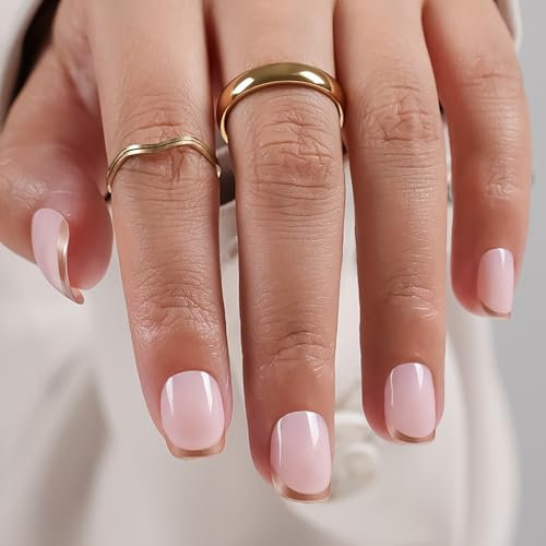 Bronze Gold False Nails French Tip - 24PCS Short Square Press on Nails - Nude Fake Nails with Glue - Copper Stick on Nails for Women - 12 Size Full Cover Acrylic Nail Tips and Glue