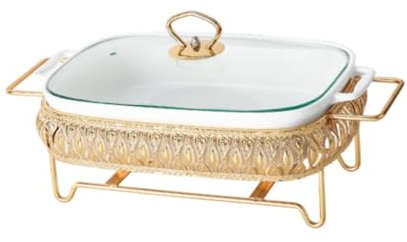 Folpus Réchaud servant la soupière avec poignées et support assiette alimentaire cocotte avec couvercle en verre pour les fêtes Restaurant, 14po