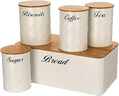Elegant Bread Bin Set Stylish Cream Canisters sets Storage Tins for Kitchen, Biscuit Barrel with Round, tea coffee sugar canisters Set for Modern Kitchen tea coffee sugar canisters Bamboo Airtigh Lids