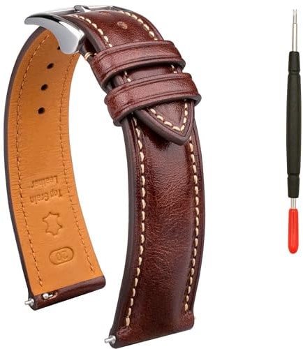 Gomvadr Quick Release Leder Uhrenarmband, Zwei-Ton Öl-gegerbtes Leder Uhrenarmbänder 18mm 19mm 20mm 21mm 22mm Ersatz Uhrenarmband für Männer Frauen (Kaffee/Silberschnalle, 20mm)