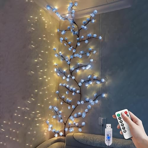 VIMAZ Luci LED a forma di ramo di ciliegio blu, da parete, 8 modalità, con 96 LED, telecomando, timer, luci LED a forma di fiore di ciliegio, decorazioni per camera da letto, arte da parete, Natale
