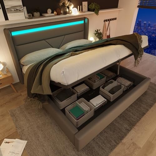 FEZTOY Polsterbett 140x200 cm, Hydraulisch Stauraumbett mit LED-Beleuchtungsleiste, Doppelbett Bettgestell, Funktionsbett, ohne Matratze, Grau