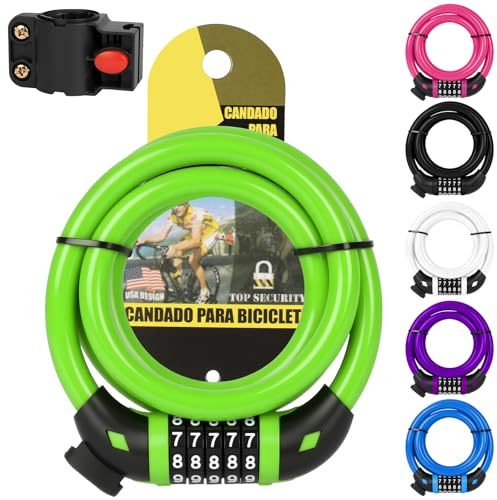 Ainiv Bike Lock, High Security 5-Digit Combination Coiling Cable Lock, 1.2mx12mm, Heavy Duty Bike Lock with Mounting Bracket, for Bike, Motorbike, Scooter, Gate, Fence, Green