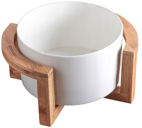 Wilmax - Bol en porcelaine avec support en bambou - 1850 ml - Saladier - blanc - pour snacks, salades - Ø 18 cm - Corbeille à fruitsm à céréales - Élégant et résistant aux rayures