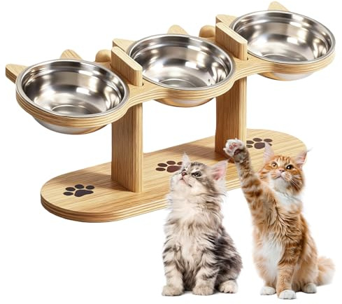 Katzennapf Erhöht, 15° Gekippte Futterstation Katzen, Futternapf Katze Erhöht Höhe mit Holz Ständer, 3-in-1 Katze Futternapf und Wassernapf Set, Futterstation Hundenapf für Katzen und Kleine Hunde