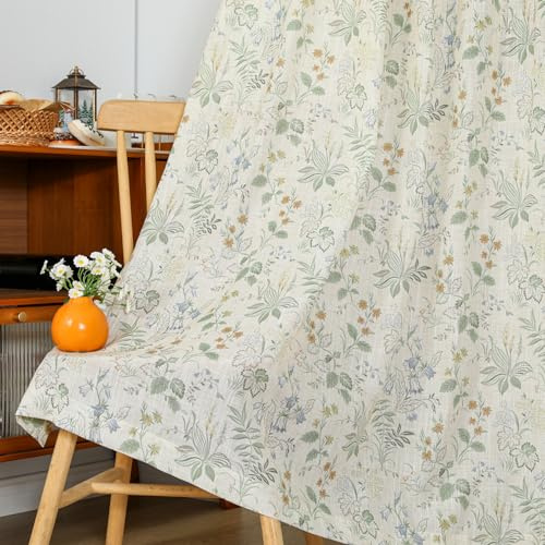 Moslovstar Grüne, geblümte Leinenvorhänge, halbtransparente Fenstervorhänge im Landhausstil, für Wohnzimmer, Schlafzimmer, mit Schlaufen und Stangendurchzug, 132 cm B x 160 cm L, 2 Bahnen