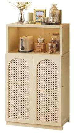 FAJNUZI2024 ​Dining Room Cupboard Kitchen Sideboard Living Room Storage Floor-standing Rattan Double Doors with Compartments 66cm(White)