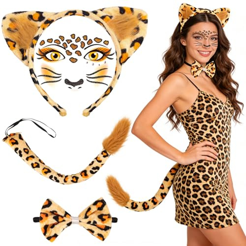 TUZELIYA Leoparden Kostüm Damen Zubehör Set – Leopardenohren Haarreifen, Fliege, Schwanz & Gesichtsaufkleber – Kostüm Accessoires für Karneval, Halloween, Mottoparty & Maskerade